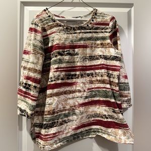 Multi colored 3/4 length sleeves tshirt with stone accents around collar